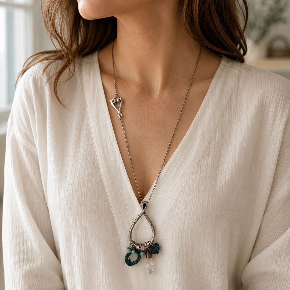 Silver Tone Artisan Style Long Pendant Necklace Heart Crystal Charm 30" Boho